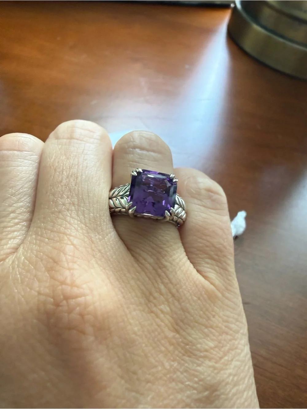 JAI Sterling Silver Asscher Cut Amethyst Gemstone Ring & Earring Set, size 5